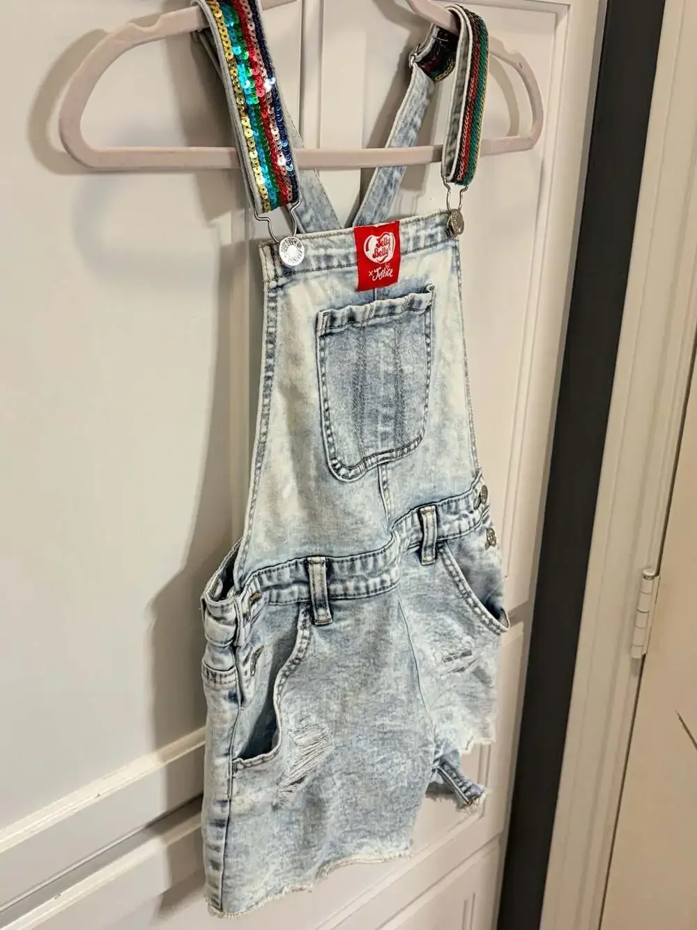 Justice x Jelly Belly Girls Denim Shortalls Rainbow Sequin Straps Size 14